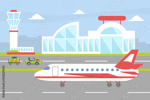 Airport with Plane on the Runway Ready to Take off Vector Illustration