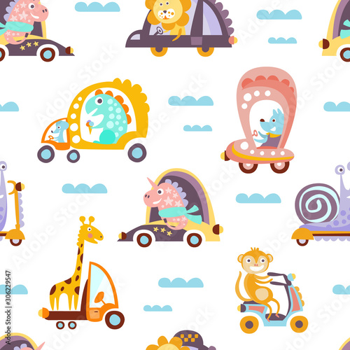 Funny artoon Animals Driving Different Vehicles Seamless Vector Pattern