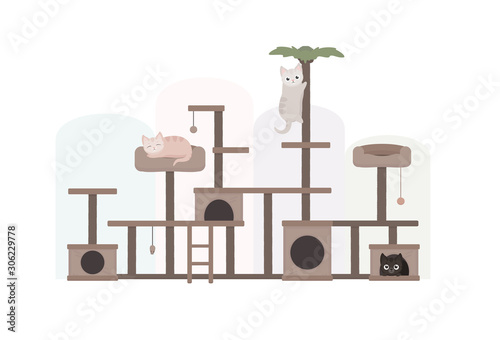 Cute funny cartoon cats on cat house. Stock vector illustration for cat cafe and animal shelter. Claw sharpener, claw point vector.