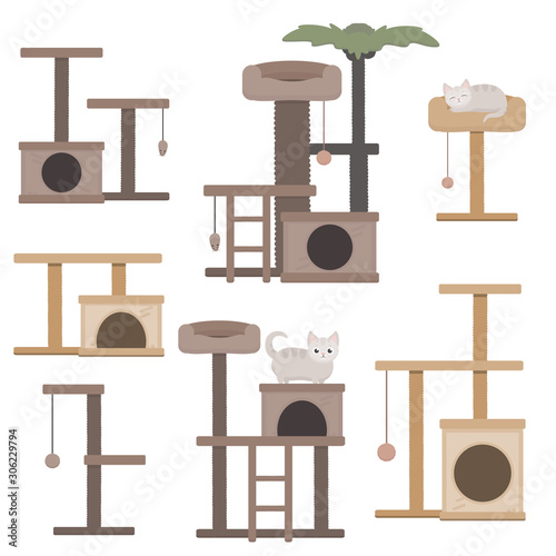 Vector set of cat towers illustration for pet shop. Stock illustration isolated on white background. Claw sharpener, claw point, cat house vector.