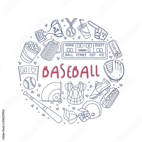 Hand Drawn Baseball Symbols Framed Vector Template