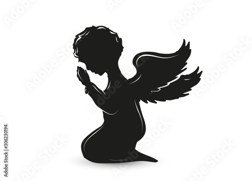 betender Engel Silhouette in Schwarz auf weißem Hintergrund