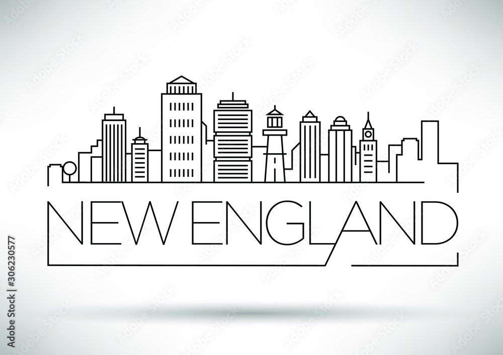 Plakat Minimalna liniowa panoramę miasta Nowej Anglii z typograficznym wzorem