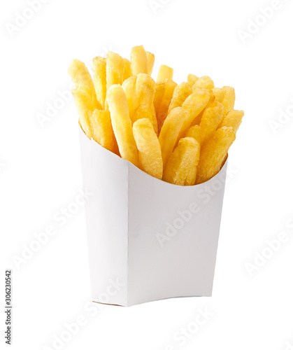 French fries in a white carton box isolated on white background