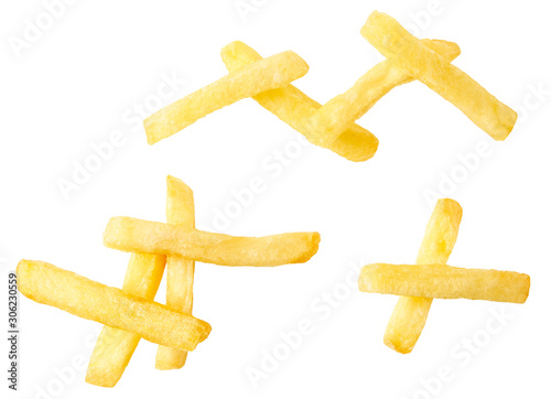 French fries isolated on a white background, top view