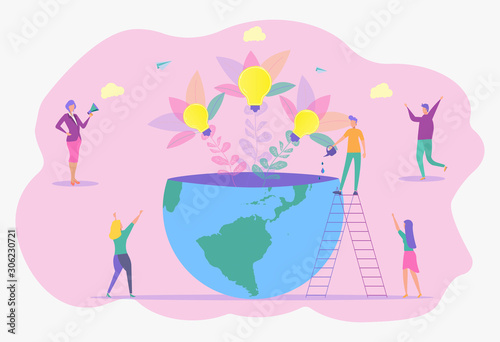 Metaphor of the birth of a creative business idea. business concept analysis. Vector illustration of people grow plants in pots.