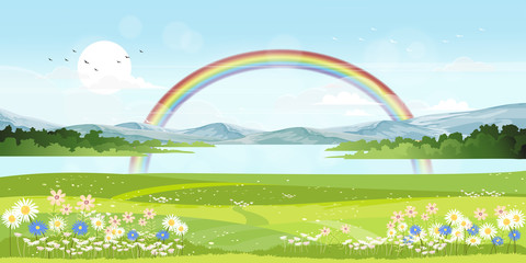 Ingelijste posters Regenboog Lentedorp met meer en bloemenvelden  © Anchalee