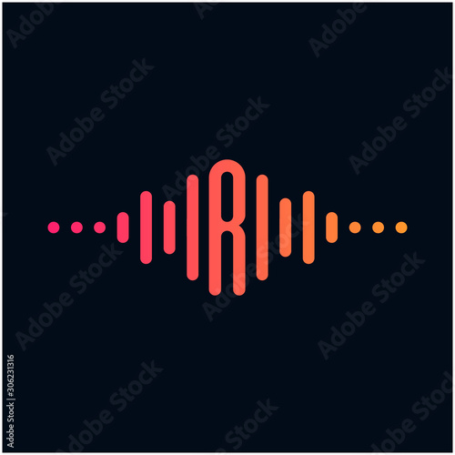 letter R with Pulse music player element. Logo template electronic music, equalizer, store, dj, nightclub, disco. Audio wave logo concept, Multimedia Technology themed, Abstract Shape. - vector
