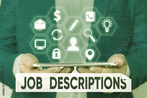 Word writing text Job Descriptions. Business photo showcasing a formal account of an employee s is responsibilities