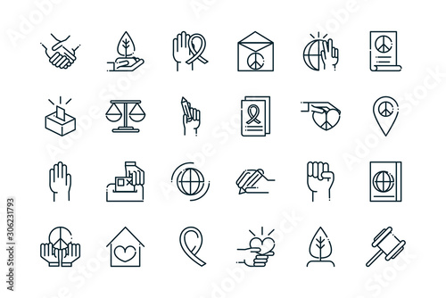 peace and human rights icons set line