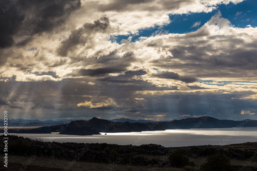 Sunset on Lake Titicaca. View from the Pachatata peak. Peru