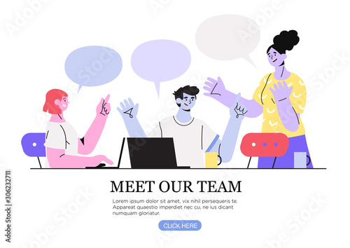 Vector illustration of a creative team on a business meeting discussing new project, generate ideas or having conversation. The concept of meet our team, about us or teambuilding for web design or ui.