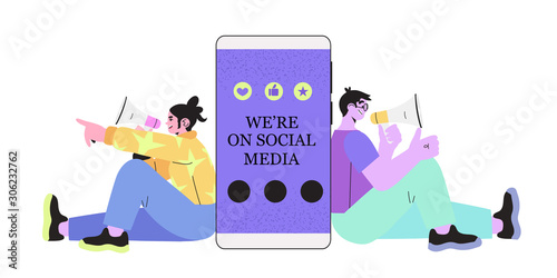 Vector stock illustration of man and woman with loud speakers sitting near smartphone with we are on social media phrase. Concept of internet business card, contact details, follow us, subscribe.