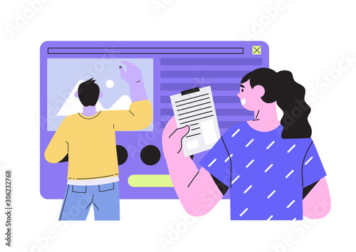 Process of creating website template and programming. Team of web or ui designers create design, choose style and prototyping. Teamwork concept. Vector illustration for banners, landing page and ads.