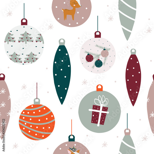 Seamless pattern with Christmas balls. Holiday background. Vector hand drawn illustration.