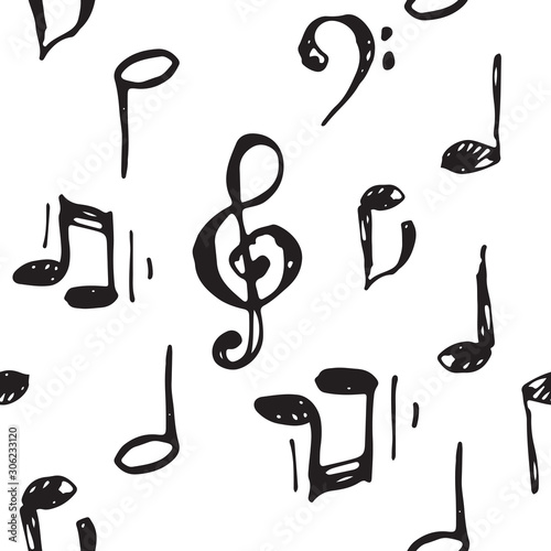 Vector illustrated black ink music notes and keys pattern