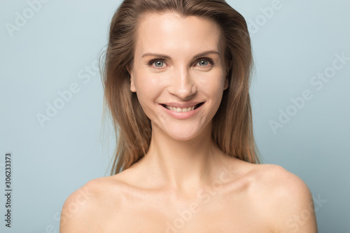 Head shot portrait beautiful smiling woman with perfect skin