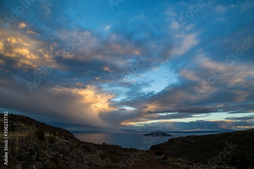Obraz na płótnie Sunset on Lake Titicaca. View from the Pachatata peak. Peru w salonie