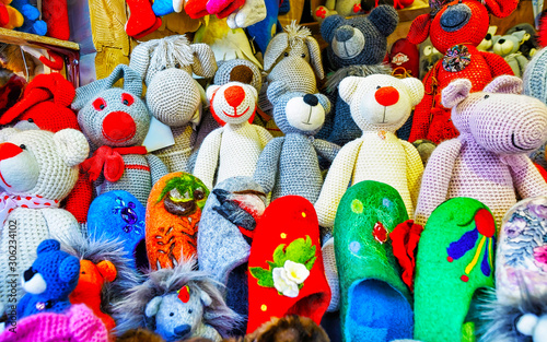 Obraz na plátně Christmas Animal Toys Decorations on Christmas Market at Riga, Latvia