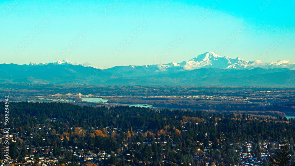 Looking down on Fraser River with Majestic Mount Baker in background