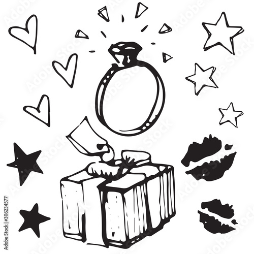Vector illustration set of engagement ring and box surrounded with love hearts and kisses in black ink for Valentines day
