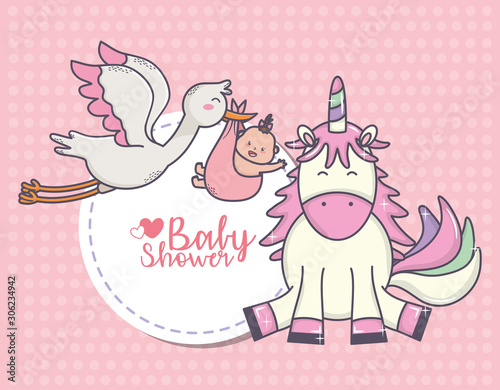 baby shower stork with little girl cute unicorn sticker