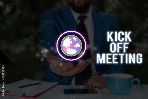 Conceptual hand writing showing Kick Off Meeting. Concept meaning getting fired from your team private talking about company photo