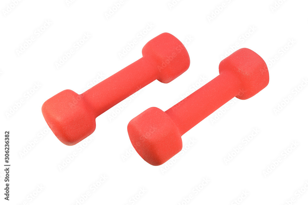 Red fitness dumbbells with soft neoprene coating isolated on white background Red fitness dumbbells with soft neoprene coating isolated on white background