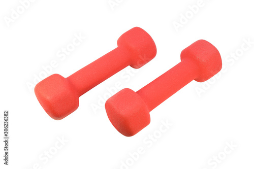 Red fitness dumbbells with soft neoprene coating isolated on white background
