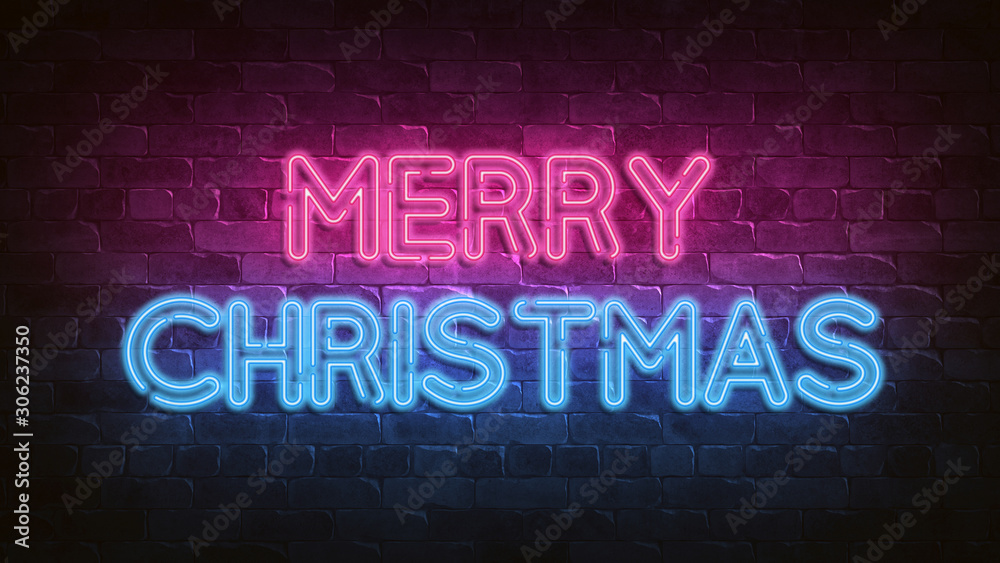 merry christmas neon sign. blue glow. Night lighting on the wall. 3d illustration. Holiday background. Greeting card for decorative design. New year christmas. Trendy Design. bright advertisement.