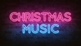 Christmas music neon sign. purple and blue glow. neon text. 3d illustration. Holiday background. Greeting card for decorative design. New year christmas. Trendy Design. bright advertisement.