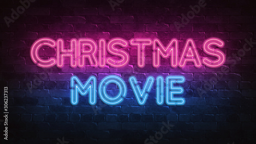 Christmas movie neon sign. purple and blue glow Night lighting. 3d illustration. Holiday background. Greeting card for decorative design. New year christmas. Trendy Design. bright advertisement.