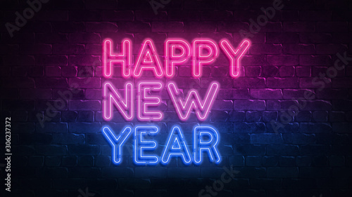 Happy new year neon sign. Night lighting on the wall. 3d render. Holiday background. Greeting card for decorative design. New year christmas. Trendy Design. light banner, bright advertisement.