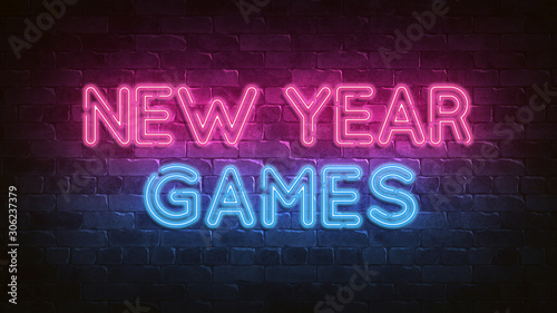New Year Games neon sign. purple and blue glow. neon text. Night lighting 3d render. Holiday background. Greeting card for decorative design. New year christmas. Trendy Design. bright advertisement.