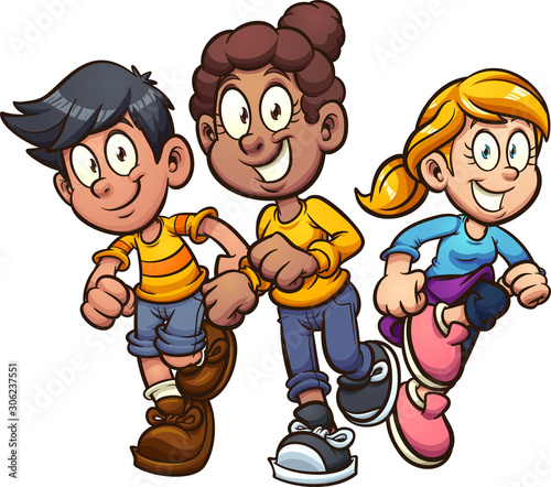 Cartoon girls and boy running at camera clip art. Vector illustration with simple gradients. Each on a separate layer. 