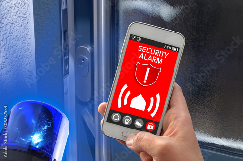 Smartphone with smarthome control app burglar alarm alert photo