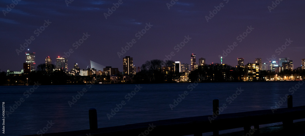Beautiful panorama of the skyline of Rotterdam, Netherlands at night