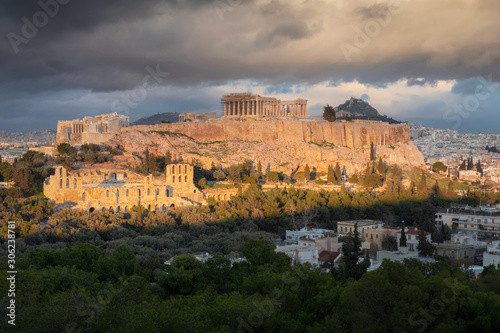 The Parthenon Temple at the Acropolis of Athens, Greece, during beautiful sunset