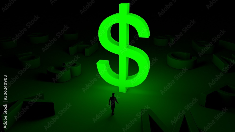 3D illustration of an illuminated dollar symbol and a man standing in front of it 3D illustration of an illuminated dollar symbol and a man standing in front of it
