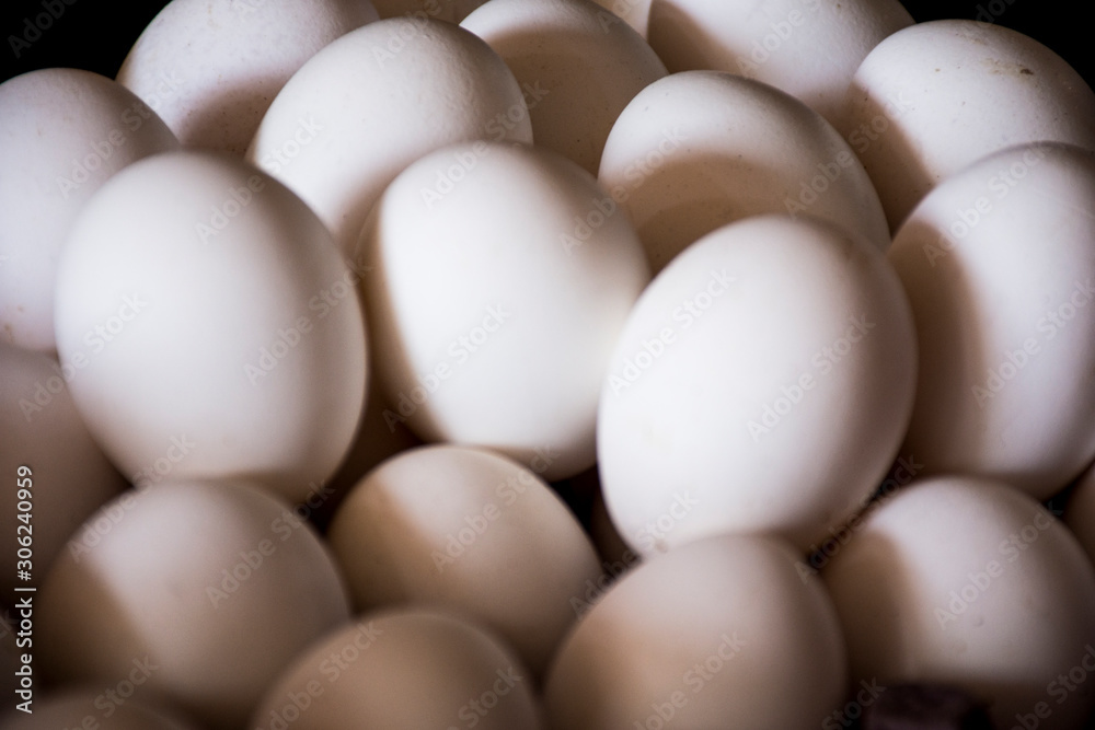 Conjunto de huevos blancos de gallina amontonados Conjunto de huevos blancos de gallina amontonados