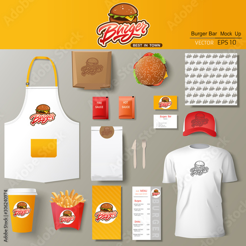 Vector burger bar corporate identity template design set. Branding mock up.