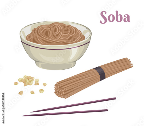 Soba set. Raw and boiled  buckwheat soba noodles in bowl isolated on white background. Vector illustration of japanese food, buckwheat grains and chopsticks in cartoon simple flat style.