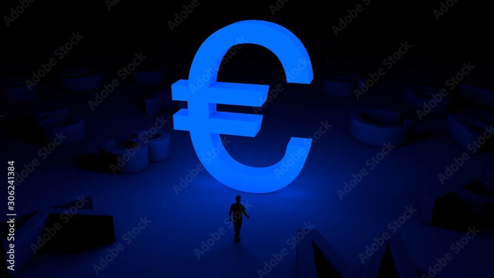 3D illustration of an illuminated Euro symbol and a man standing in front of it 3D illustration of an illuminated Euro symbol and a man standing in front of it