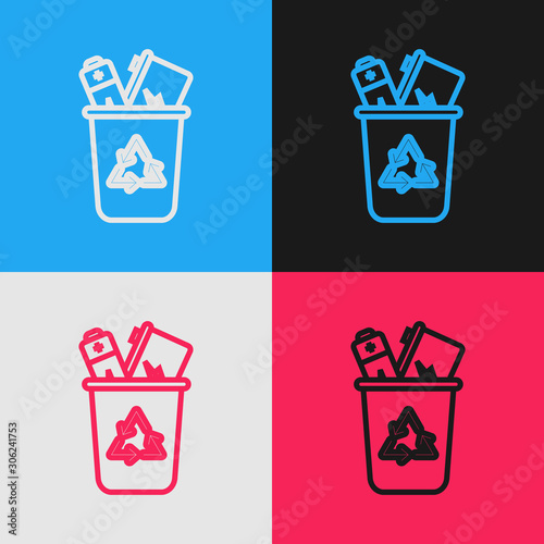 Color line Recycle bin with recycle symbol icon isolated on color background. Trash can icon. Garbage bin sign. Recycle basket sign. Vintage style drawing. Vector Illustration