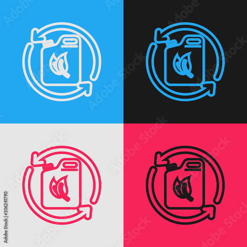 Color line Bio fuel canister icon isolated on color background. Eco bio and barrel. Green environment and recycle. Vintage style drawing. Vector Illustration