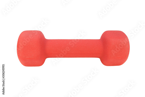 Red fitness dumbbell with soft neoprene coating isolated on white background..