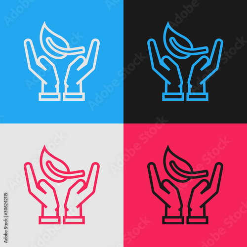 Color line Sprout in hand of environmental protection icon isolated on color background. Seed and seedling. Planting sapling. Ecology concept. Vintage style drawing. Vector Illustration