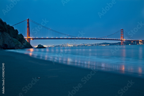 Golden Gate Bridge and San Francisco from Kirby Cove beach at blue hour
