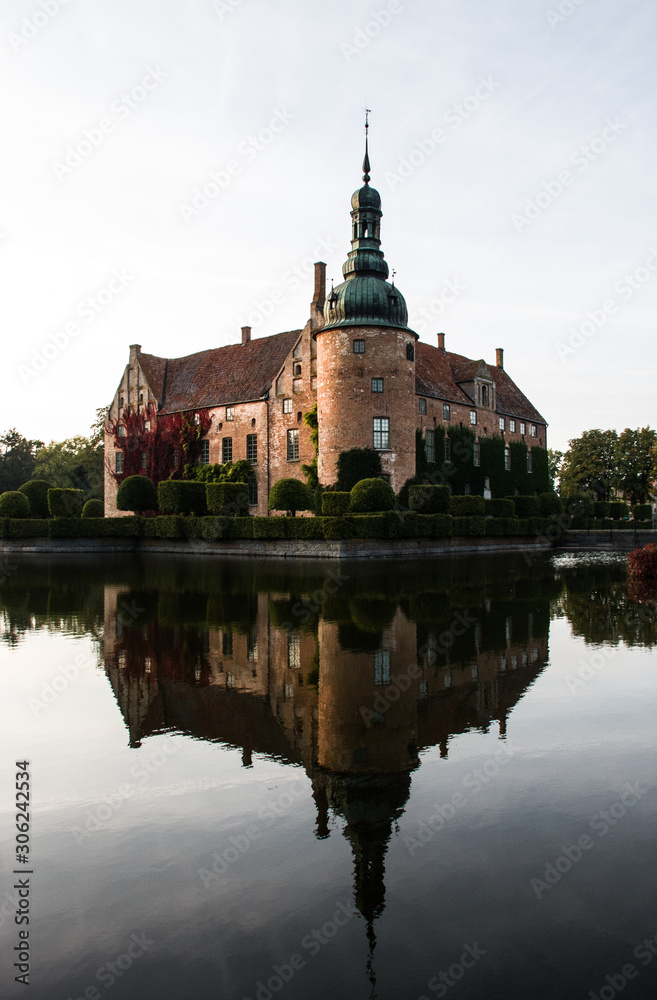 Vittskövle Castle in Southern Sweden, reflection off the moat