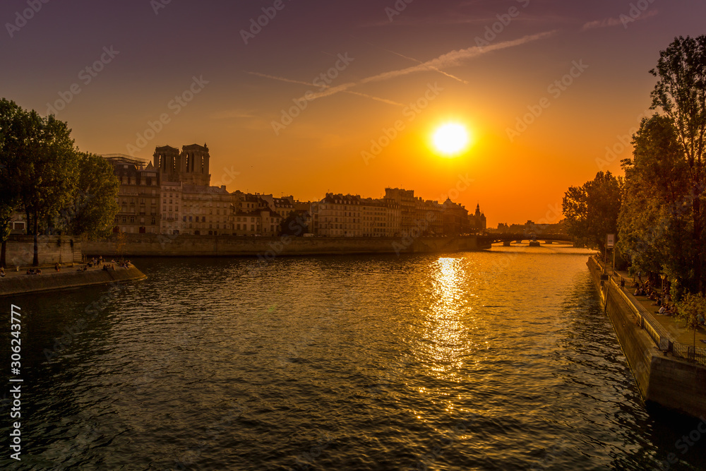The river Seine and  Île de la Cité during beautiful summer sunset. Paris, France. High Resolution Image.